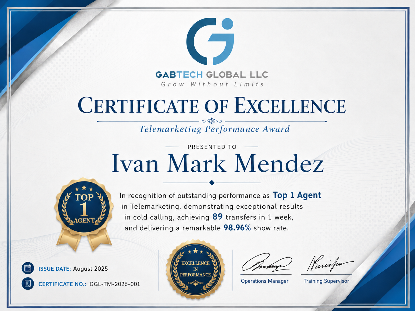 GabTech Telemarketing Performance Award certificate