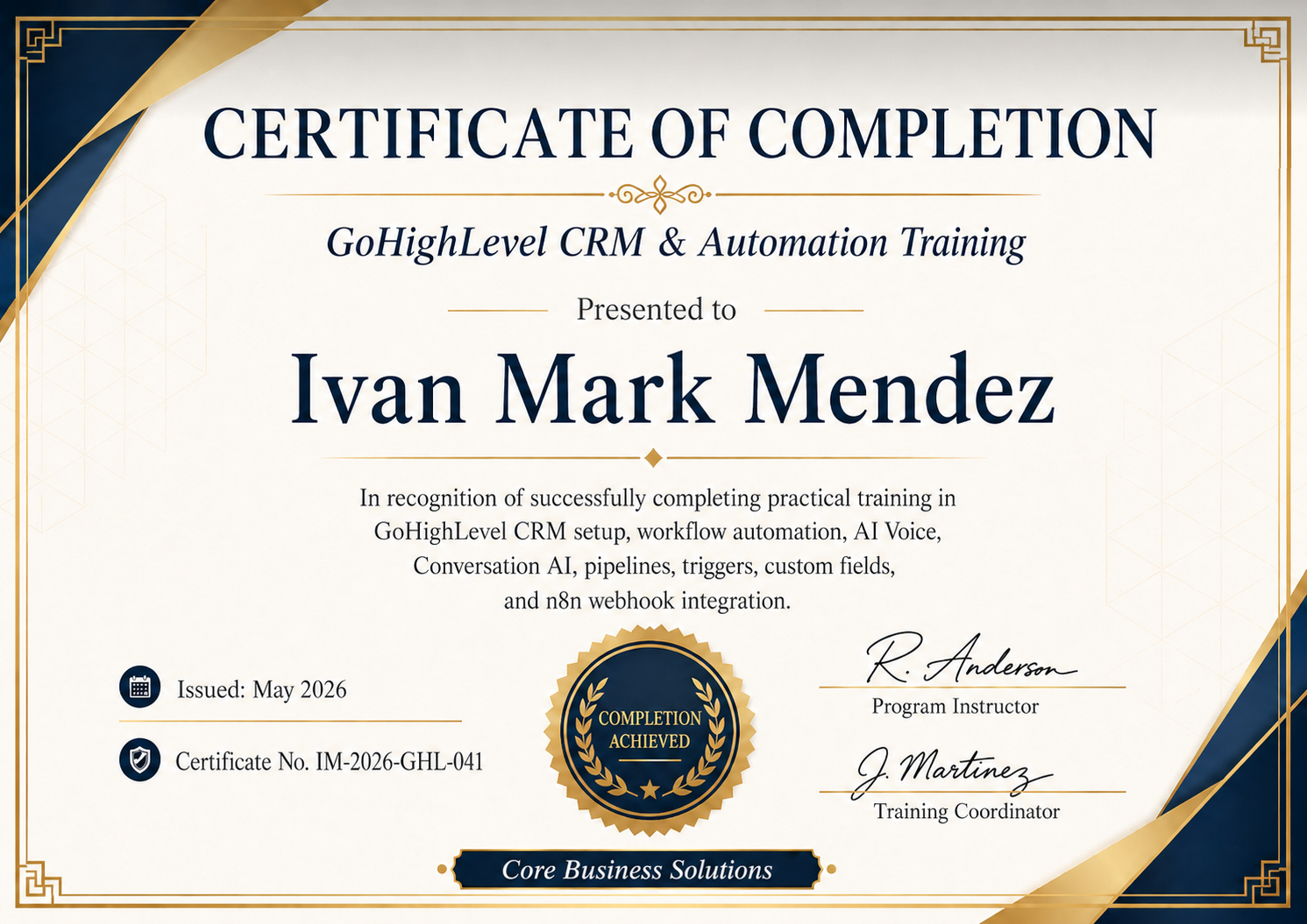 GoHighLevel CRM and Automation Training certificate